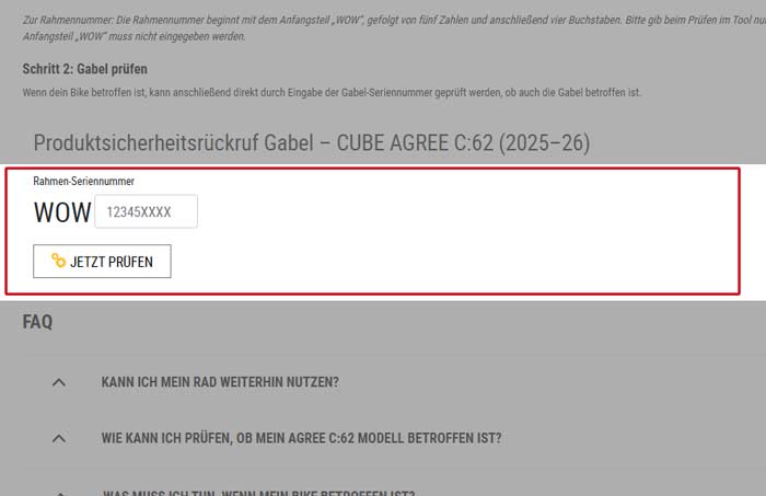 Eingabe Ihrer Rahmennummer auf der CUBE Website
